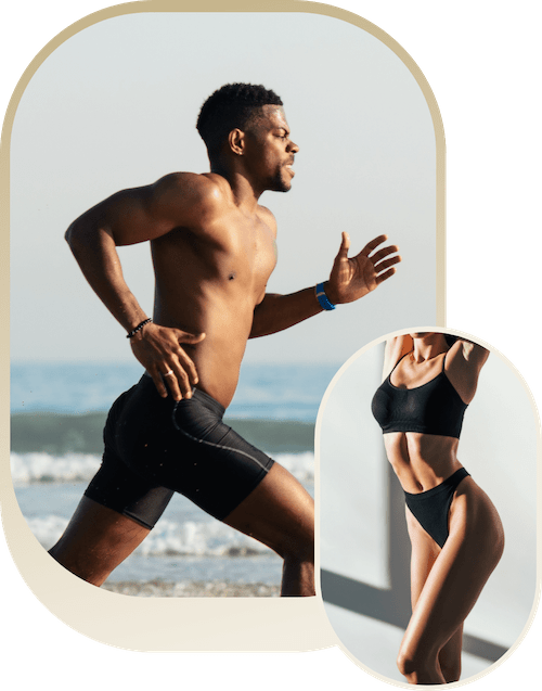 Man running on the beach and a fit woman