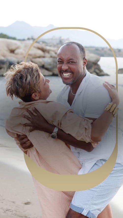 Photo of a couple embracing on the beach